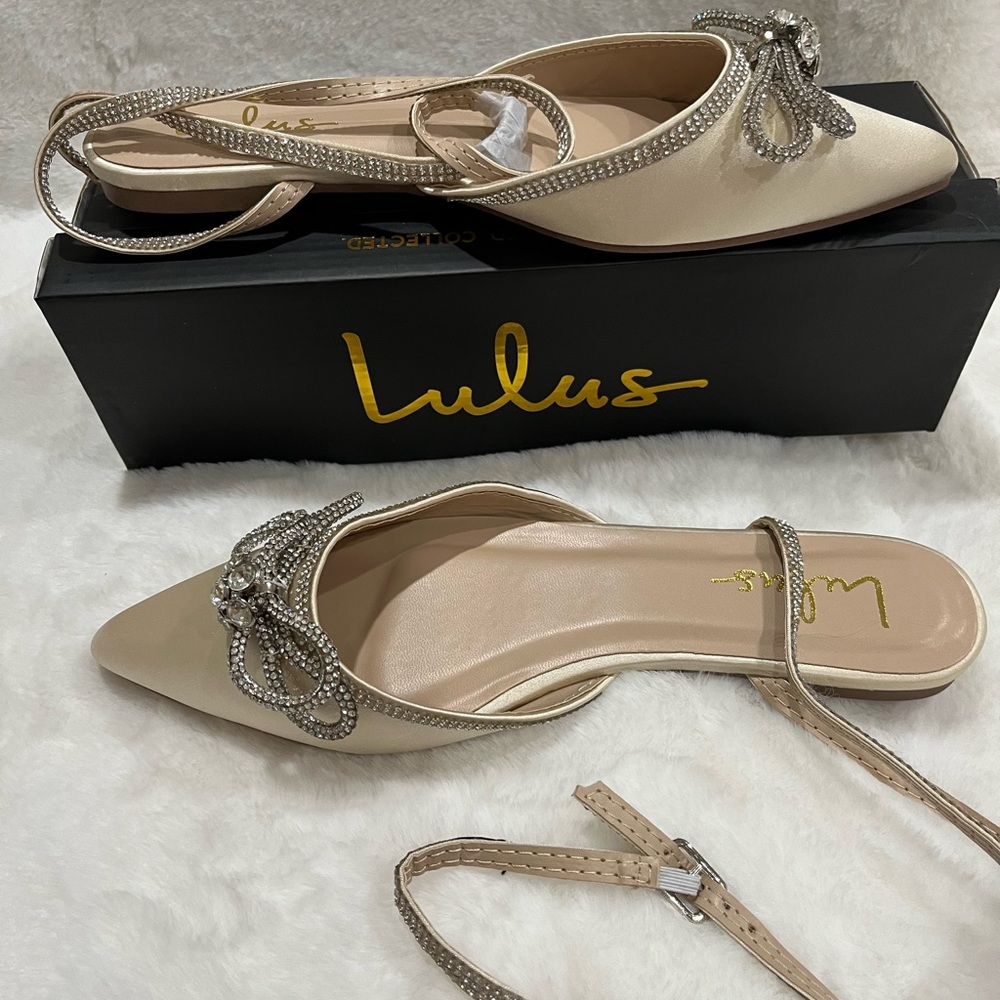 Brand new Lulu's size 8.5 ivory satin rhinestone flats